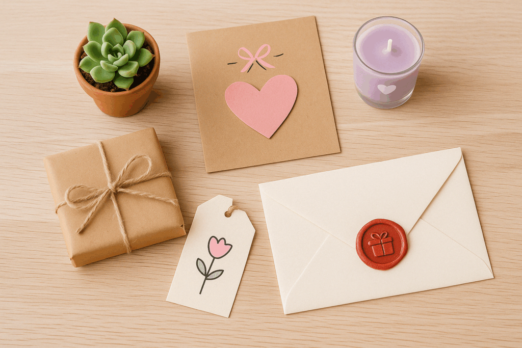 Lembranças personalizadas em estilo artesanal com mini suculentas, cartões e mimos afetivos sobre uma mesa clara