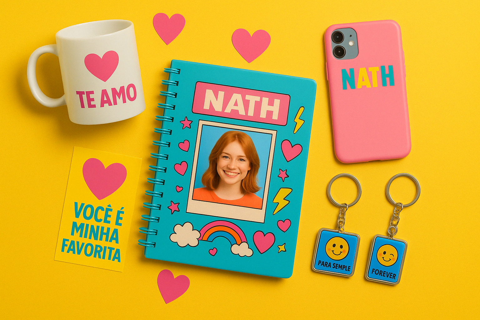 Presentes personalizados para namorada com nome Nath — caneca com "Te amo", caderno com foto, chaveiros e celular com nome, estilo moderno e colorido.