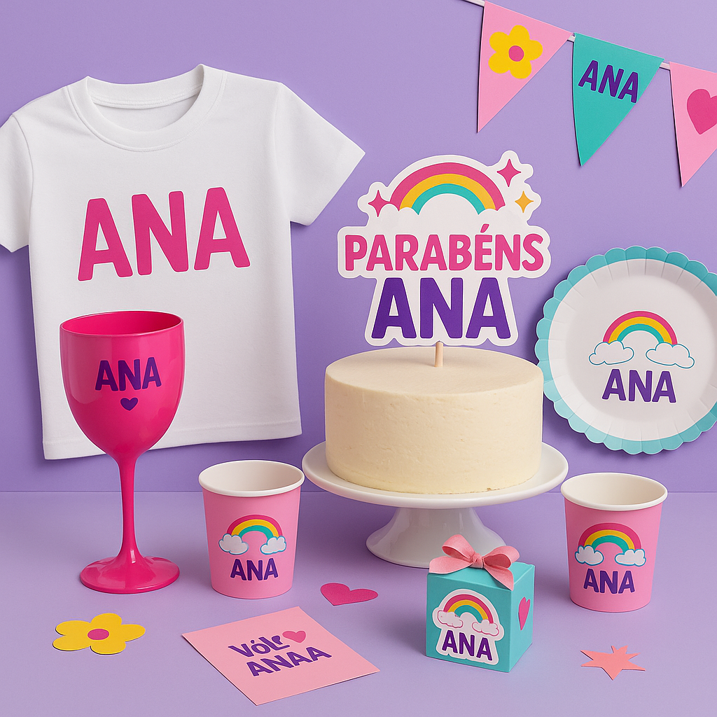 Mesa decorada com itens personalizados para festa de aniversário infantil, incluindo topos de bolo, taças com nome e camiseta com nome da aniversariante.