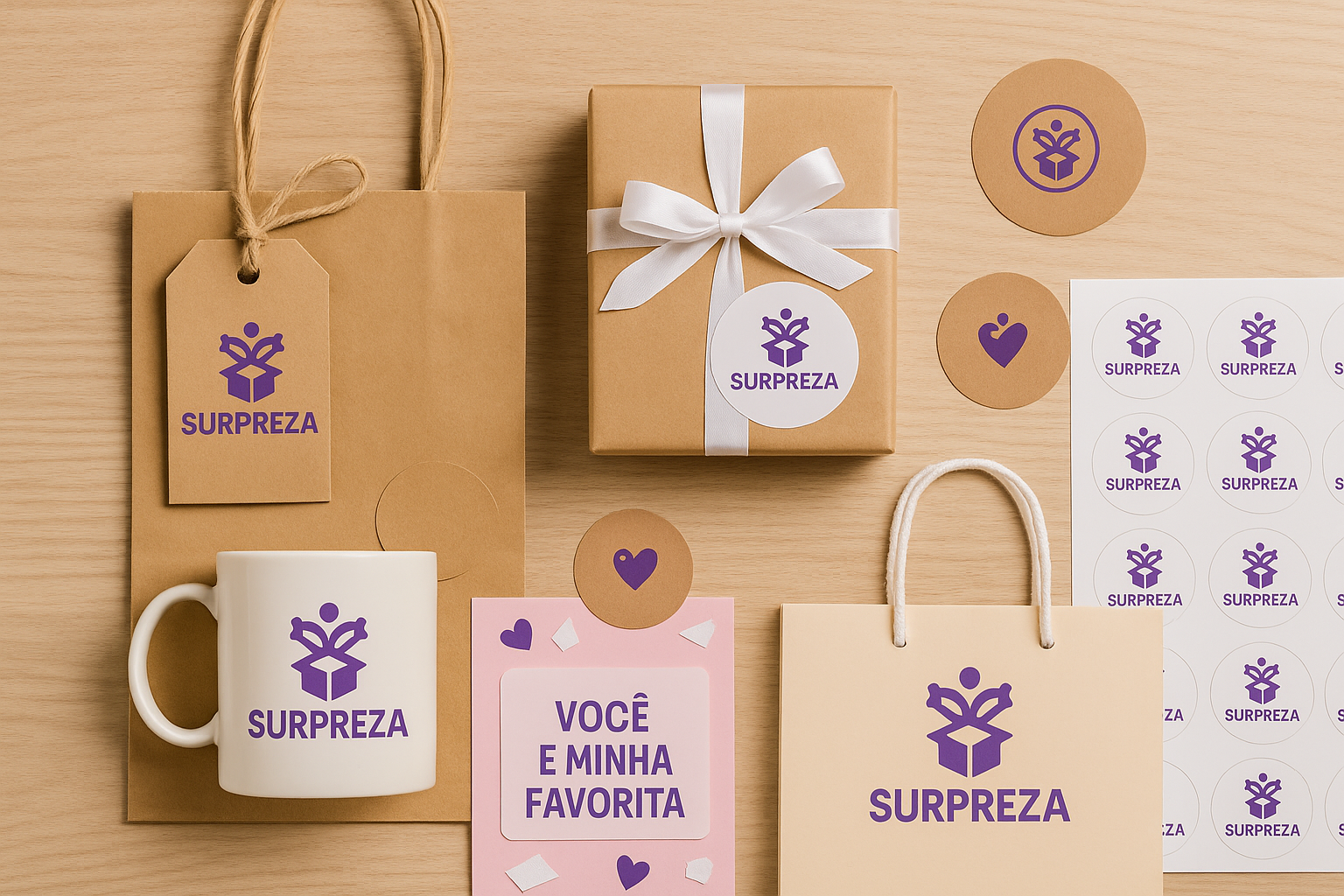 Embalagens e brindes personalizados da marca Surpreza em cenário de madeira