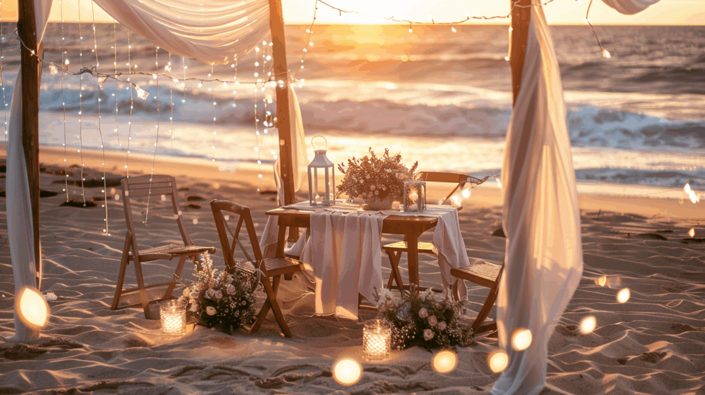 Jantar romântico na praia ao pôr do sol com decoração intimista e luzes