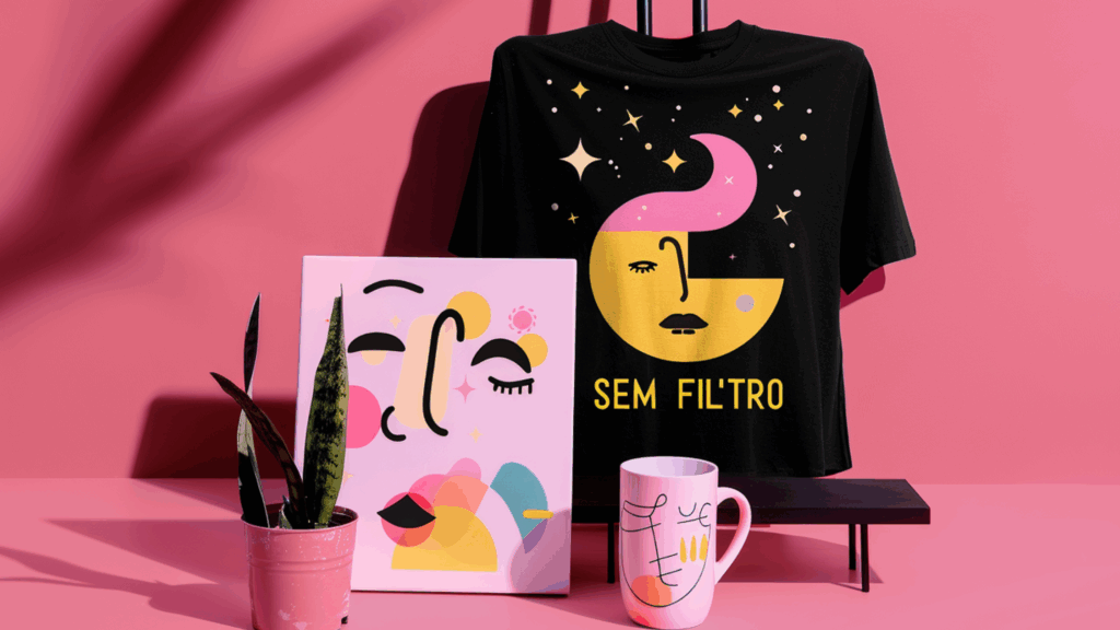 Kit de presentes criativos com camiseta, caneca e quadros personalizados em cenário rosa moderno.