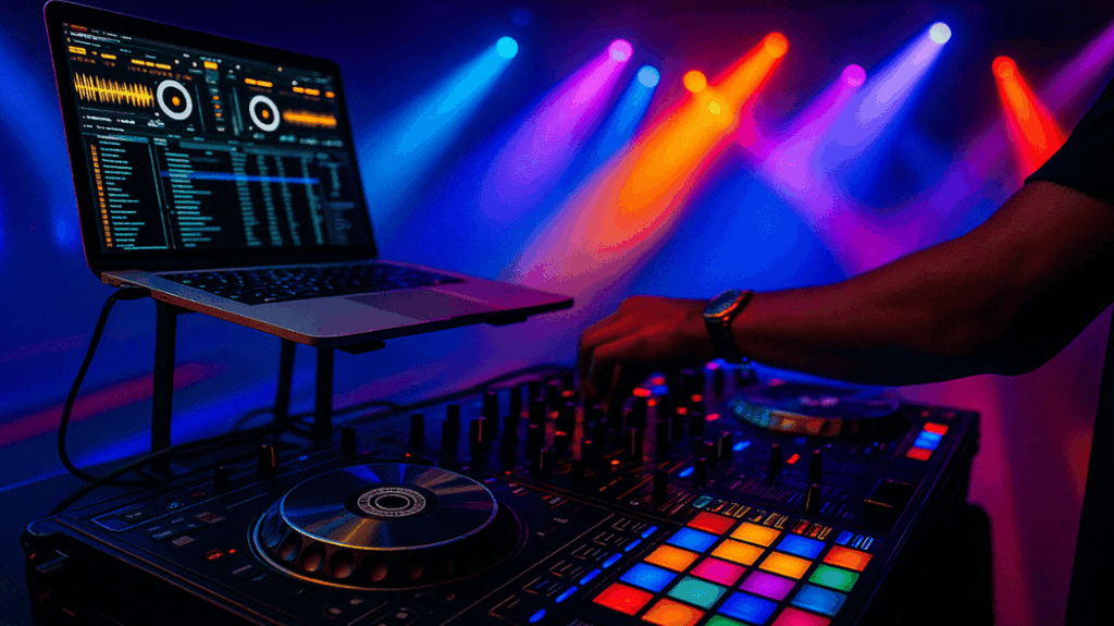 Mesa de DJ com iluminação de festa representando serviços exclusivos da Surpreza como produção, som e iluminação.