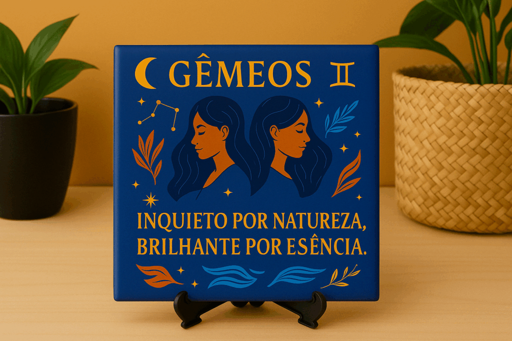 Azulejo decorativo do signo de Gêmeos com arte ilustrada e frase personalizada.